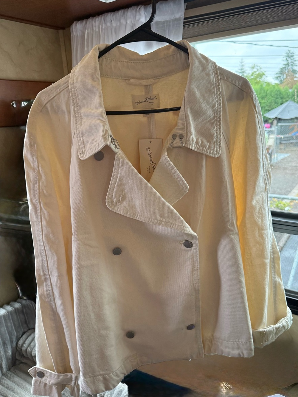 Women's Cream Color Denim Double-Breasted Jacket with Bougie Patch on Back